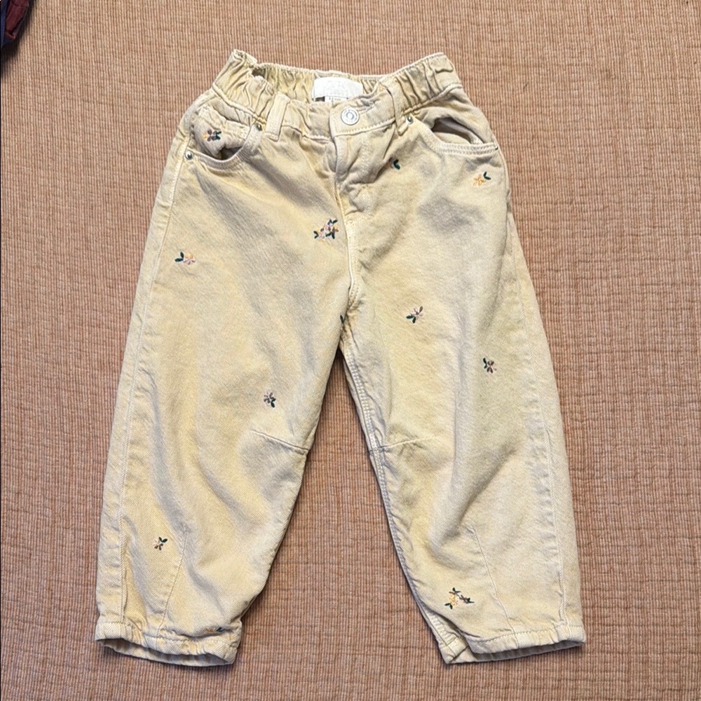 Beige Embroidered Kids Pants